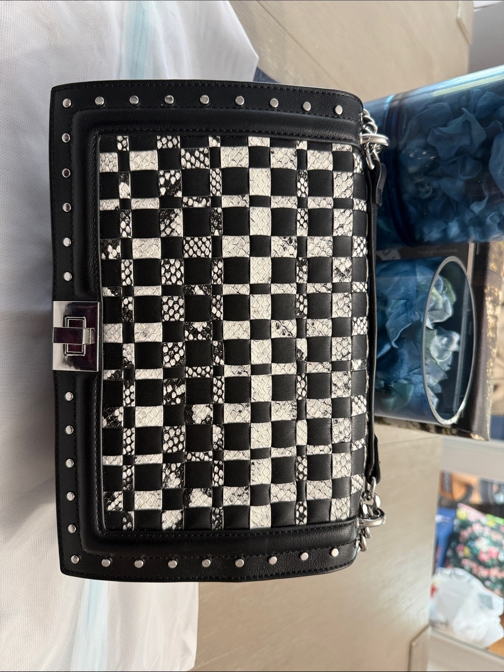INC International Concepts Black & White Checkered Studded Crossbody Bag